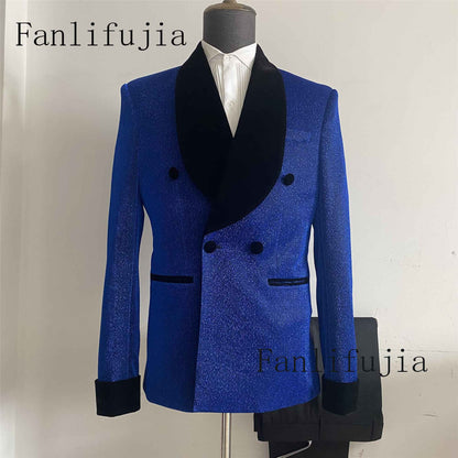 Fanlifujia Luxury Red Glitter Suits Men Groom Wedding Tuxedo Double Breasted Blazer Formal Evening Party Prom Dress 2 Pieces Set