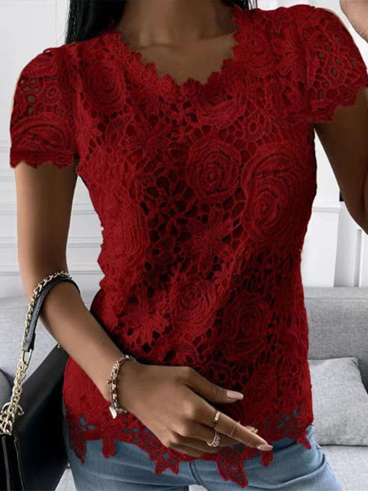 Women Lace Blouse Tops Summer V Neck Short Sleeve Lace Patchwork OL Blouse Shirts LRFZ-9911