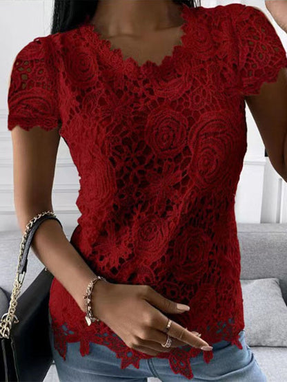 Women Lace Blouse Tops Summer V Neck Short Sleeve Lace Patchwork OL Blouse Shirts LRFZ-9911