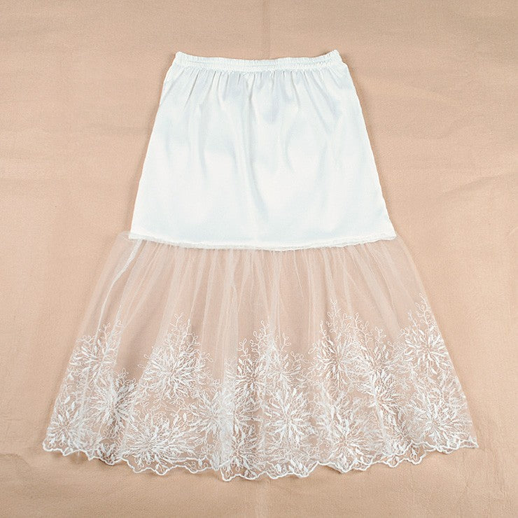 2024 Women Lady Lace Slip Casual Skirt Knee Length Natural Waist A-Line Floral Underskirt Petticoat Fashion New White Black