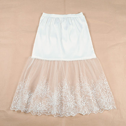 2024 Women Lady Lace Slip Casual Skirt Knee Length Natural Waist A-Line Floral Underskirt Petticoat Fashion New White Black