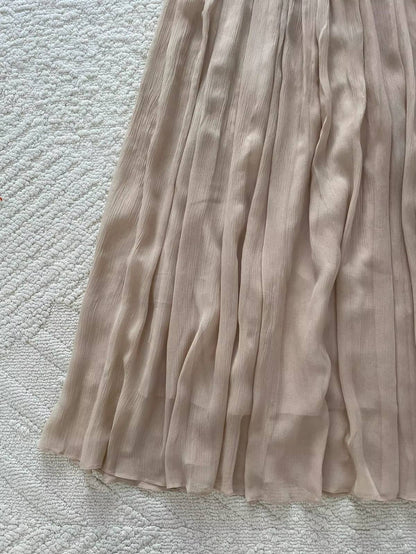 Ladies 100% Silk Elegant Set Pure Color Drawstring Long Sleeve Round Neck Shirt + A-Line Elastic Waist Maxi Skirt Holiday Suits