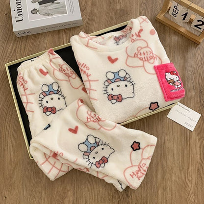 Hello Kitty Women's 2025 Plush Flannel Pullover Pajama Set Winter Cozy Long Sleeve Pants Embroidered Casual Home Loungewear