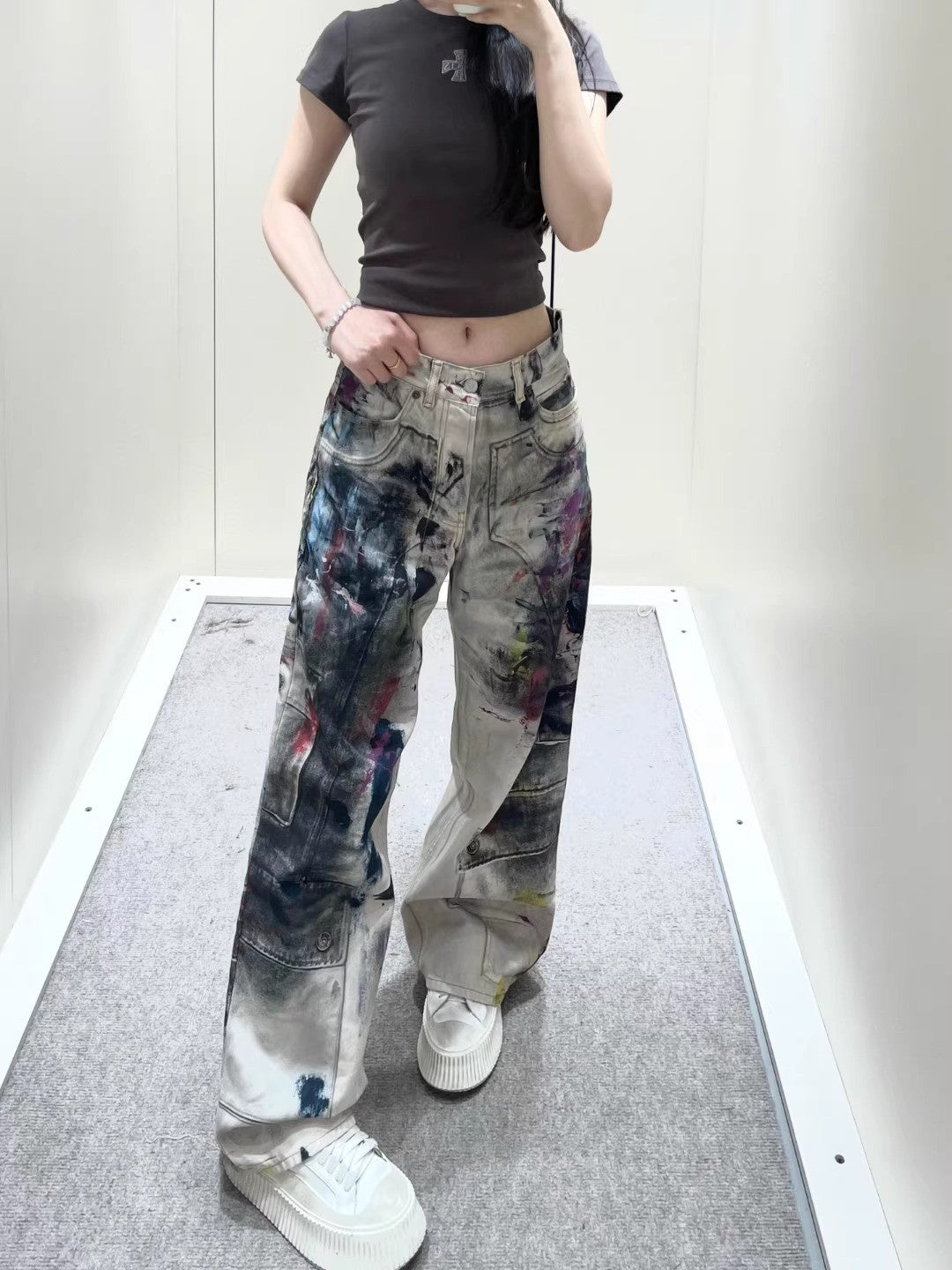American vintage graffiti 3D printed jeans for women high street Y2K style loose straight-cut casual wide-leg floor-length pants