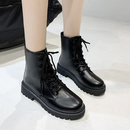New Autumn Flat-soled Retro Lace-up Short-tube Solid Color Round-toe Korean Style Fashion Boots Sports Thick-soled Riding Boots
