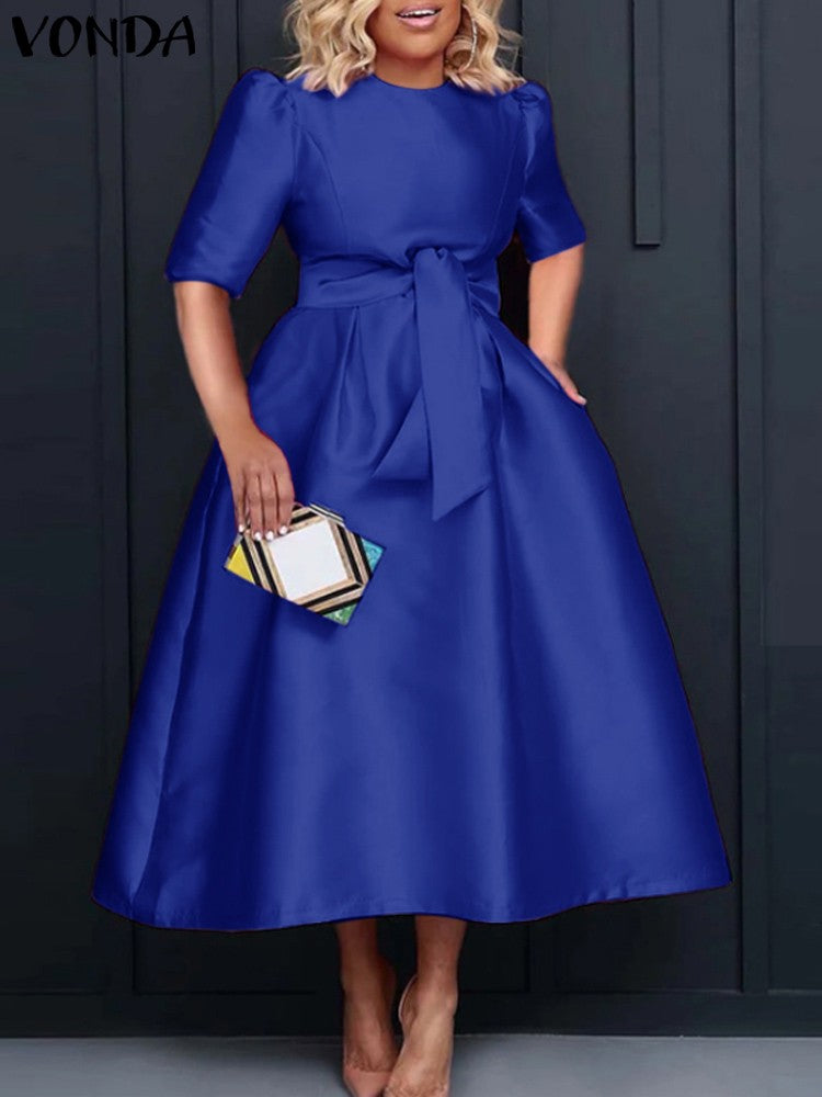 VONDA Elegant Women Satin Short Sleeve Midi Dress 2024 Summer Vestidos Casual Be