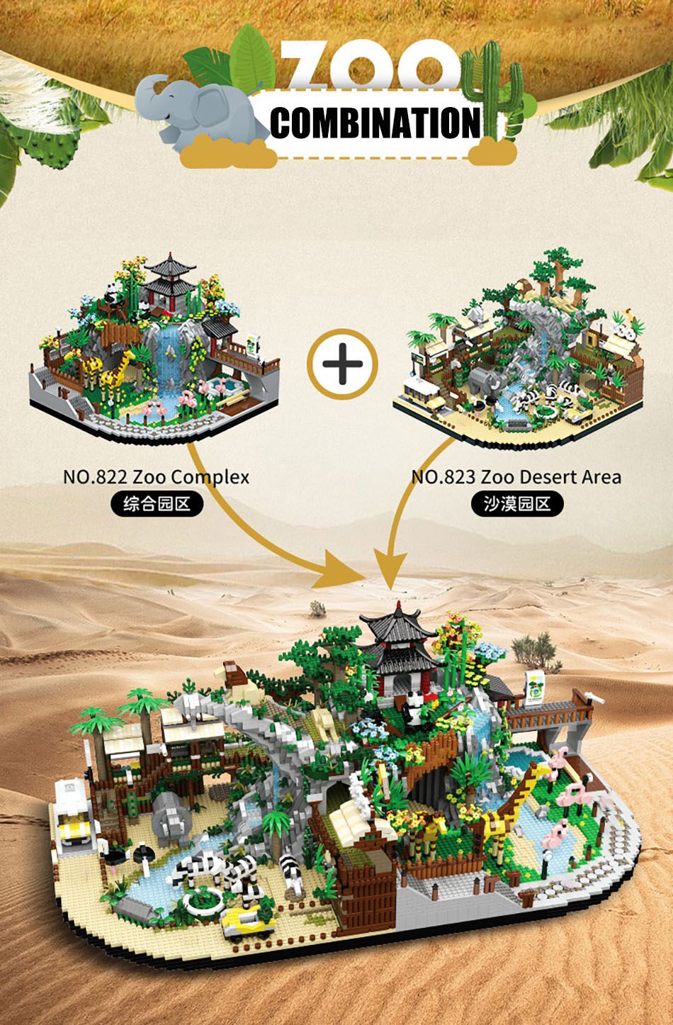 MOC Cidade Zoológico Animal Micro Blocos de Montar Conjunto de Tijolos Panda Leão Elefante Girafa Flamingo Kit Modelo de Parque de Animais Brinquedos Presentes