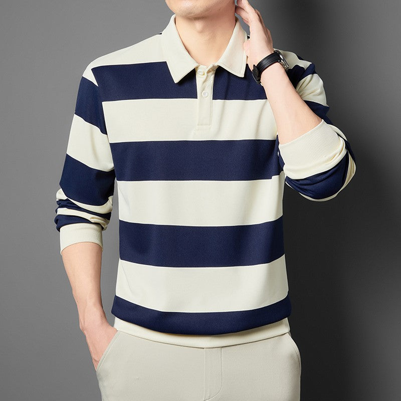2025 Men's New Striped Long Sleeved Polo Shirt Casual Fashion Autumn Winter Versatile Top
