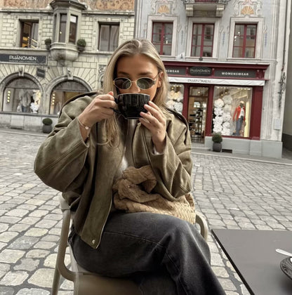 Women's Jacket Fall 2025 New Solid Color Long-Sleeved Faux Suede Loose Bomber Jacket Casual Fashion Personality Versatile