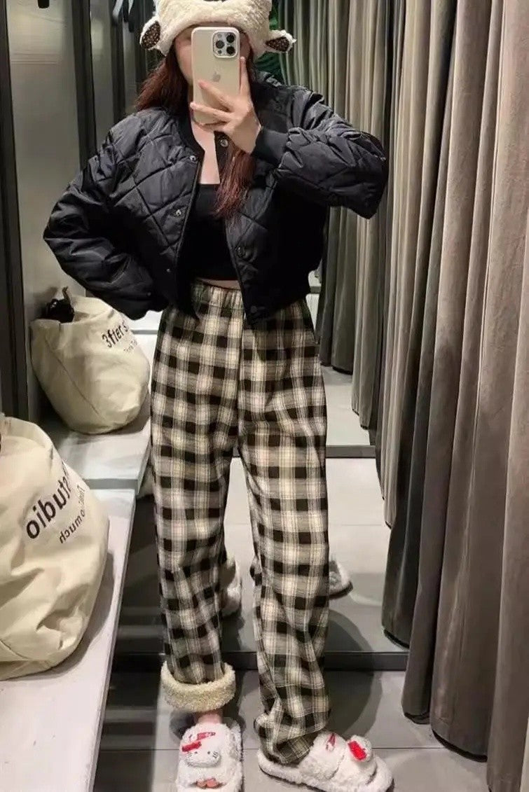 Lamb Velvet Fleece Lined Plaid Wide Leg Pants High Waist Straight Cut Winter New Casual Trousers for Women Korean Style