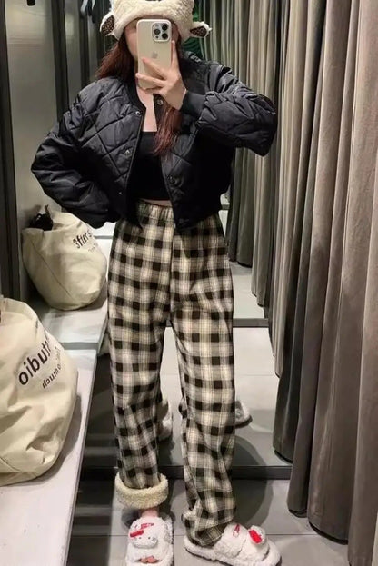 Lamb Velvet Fleece Lined Plaid Wide Leg Pants High Waist Straight Cut Winter New Casual Trousers for Women Korean Style