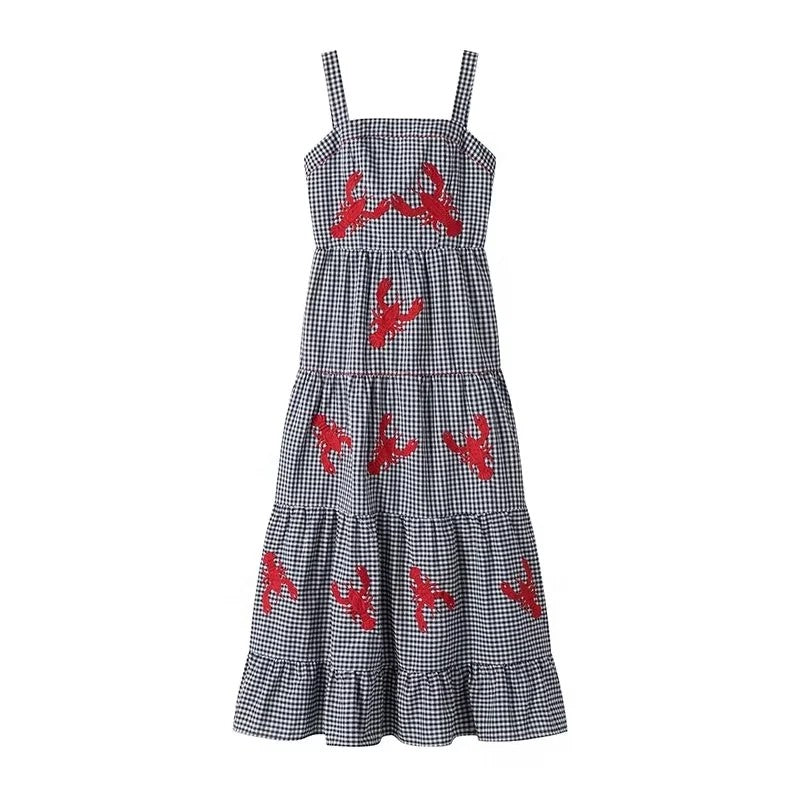 MUJER Plaid Slip Long Dress Woman Embroidery Ruffle Summer Dresses 2025 Sleevele