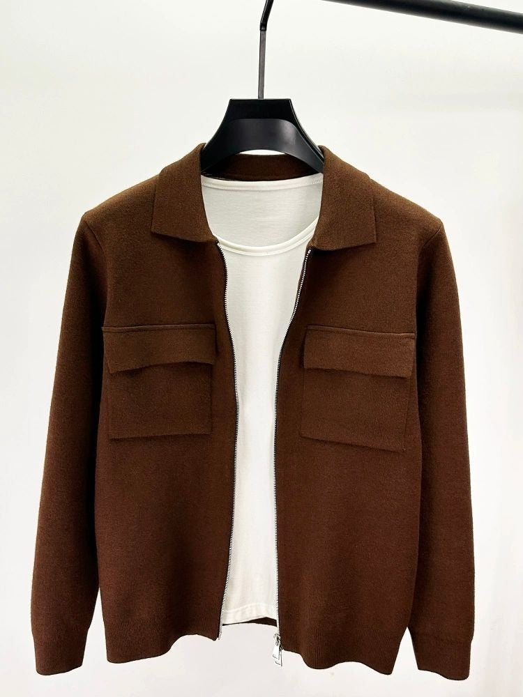 Premium Zipper Collar Wool Cardigan Men's Casual Coat Autumn/Winter Luxury Pocket Design Solid Color Casual Warm Sweater Jacket