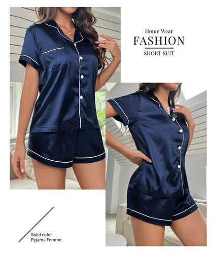 Luxurious Satin Pajama For Women Turn-down Collar Button Top & Shorts Sleepwear & Loungewear for Summer Home Clothes Suit