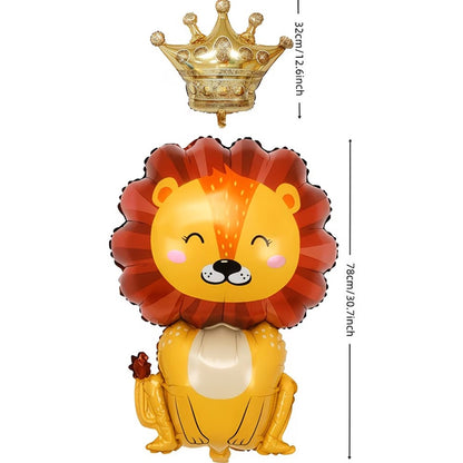 Cute Crown Little Lion King Foil Balloon, Cartoon Lion with Golden Crown Mylar Balloon for Jungle Safari Wild Animal Theme Birth