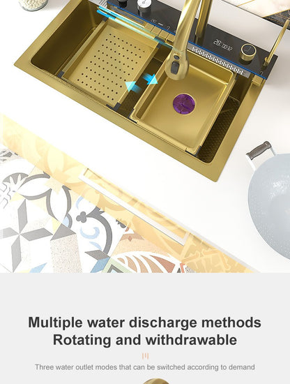 Stainless Steel kitchen Sink With Waterfall Golden Large Single Slot Multifunctional Digital Display Sinks 100*50CM