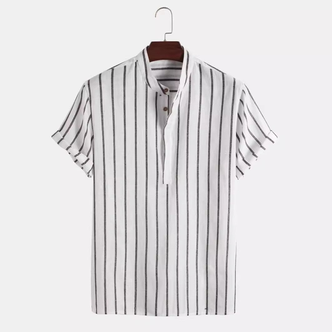 Men Fashion Striped Shirt Short Sleeve Casual Linen Shirts Tops Male Formal Social t-Shirts Stand-Up Collar Shirts Man Clothes