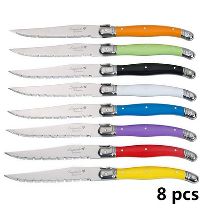 Conjunto de Facas de Churrasco Laguiole em Aço Inoxidável 6/7 Peças, Facas de Churrasco com Suporte de Madeira, Faca de Jantar de Aço, Conjunto de Talheres Coloridos de Natal