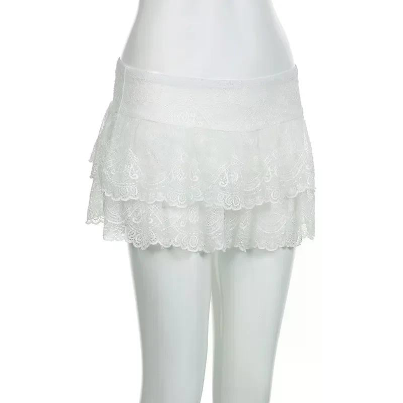 Lace Tulle Skirt A-line Miniskirt Black Solid Low Waist Tiered Lace Shorts Skirts Womens White Fairycore Micro Boho Skirt
