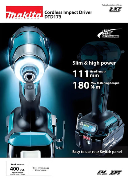 2025 Makita DTD173 bule 18v Brushless Lithium-ion Impact Driver Power Tool Ferramenta Multifuncional, Broca, Ferramenta Elétrica