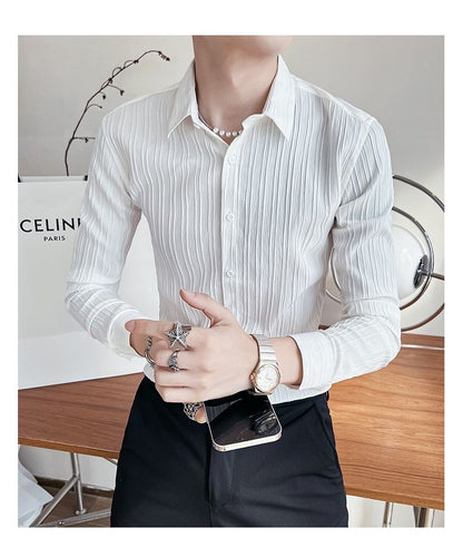 Streetwear Fashion Korean Clothing Solid Shirts Spring Autumn Men Long Sleeve Striped Lapel Single Sockets Business Casual Tops