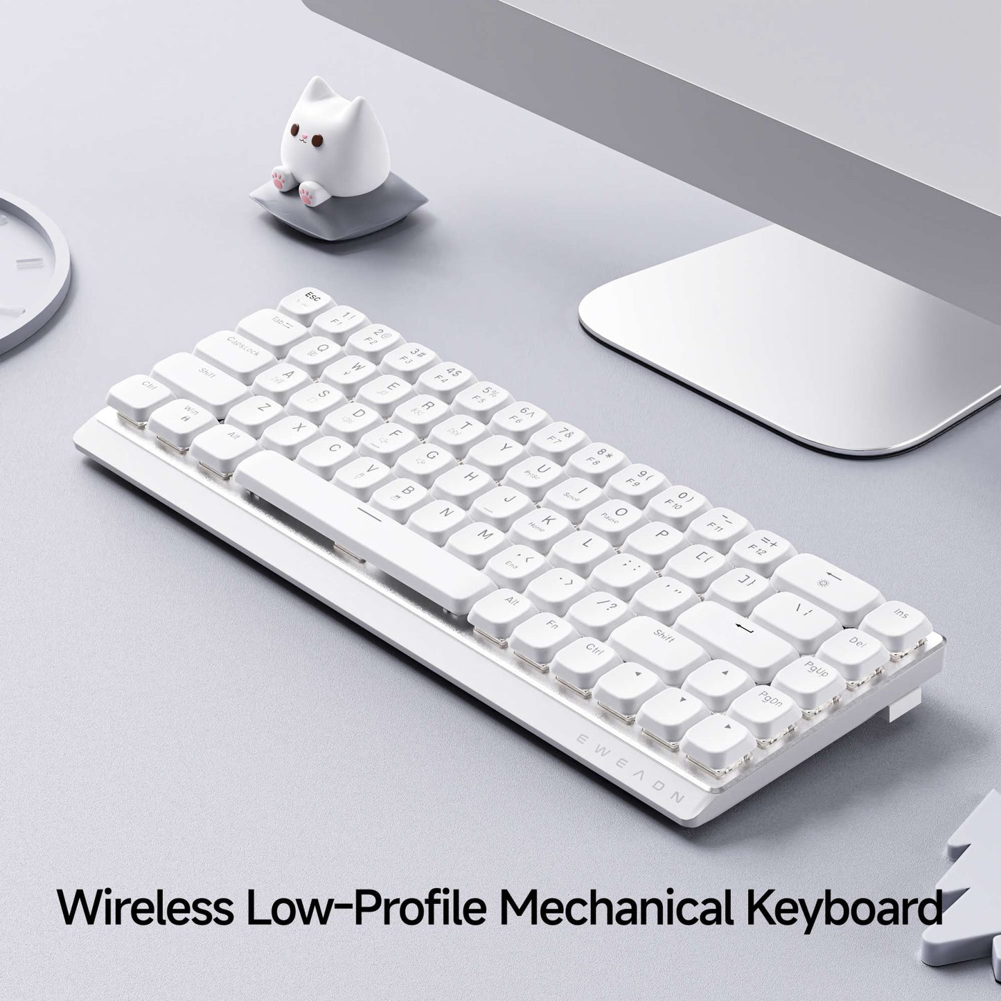 Teclado Gamer Sem Fio Ergonômico EWEADN Tri-Modo, BT/2.4G/Com Fio, Switch de Perfil Baixo, Tela, Silencioso, Botão Giratório, para PC/Laptop