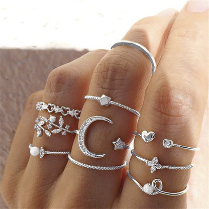 Conjunto de Anéis de Cristal Cor Prata para Mulheres, Anéis de Dedo de Zircônia Cúbica de Lua, Flecha, Flor, Coração, Joias Femininas da Moda