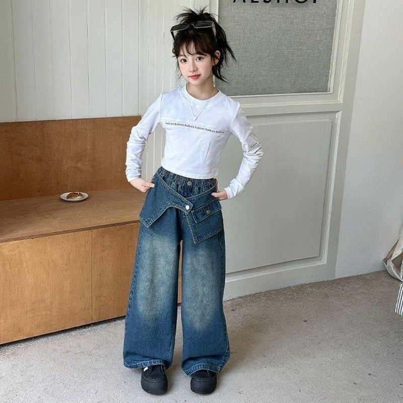 2025 Autumn Trendy Korean Style Flared Jeans for Girls - Medium & Large Kids, Ruffled Long Pants for Junior High Students