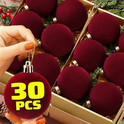 1/30pcs Wine Red Christmas Ball Velvet Round Christmas Balls Xmas Tree Ornaments Ball Hanging Pendants New Year Party Decor
