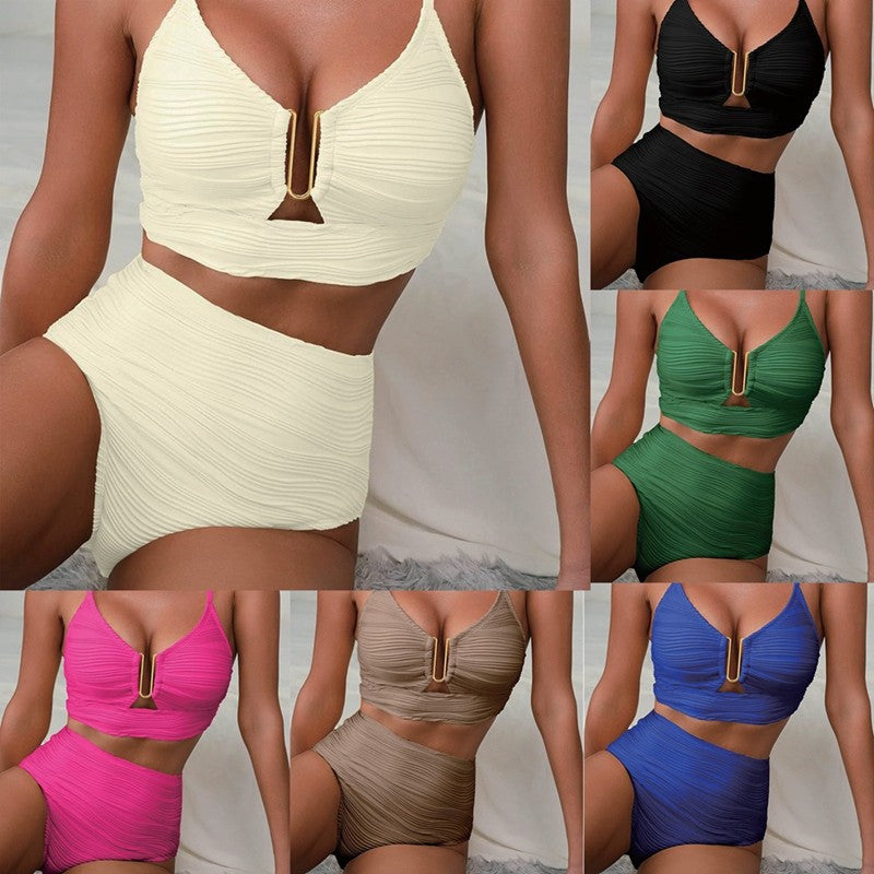 Bikini Women Swimsuit New Black Metal U Neck Hollow Out Push Up Bra High Waist Swimwear Summer Bathing Suit 2 Piece Biquini