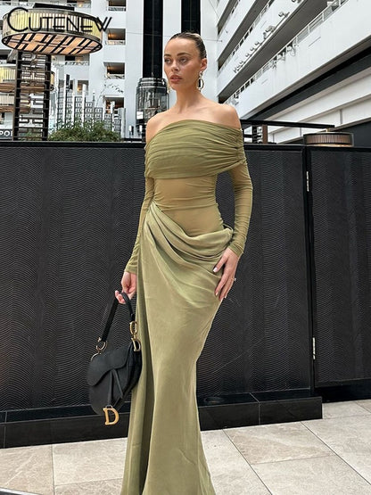 Cutenew Mesh Ruched Women Maxi Dress Sexy See Through Off Shoulder Long Sleeve S