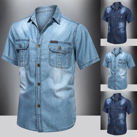 Men's Vintage Denim Cargo Shirts Summer Solid Short Sleeve Lapel Neck Multi Pockets Button Down Thin Casual Temperament Tops