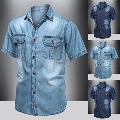 Men's Vintage Denim Cargo Shirts Summer Solid Short Sleeve Lapel Neck Multi Pockets Button Down Thin Casual Temperament Tops