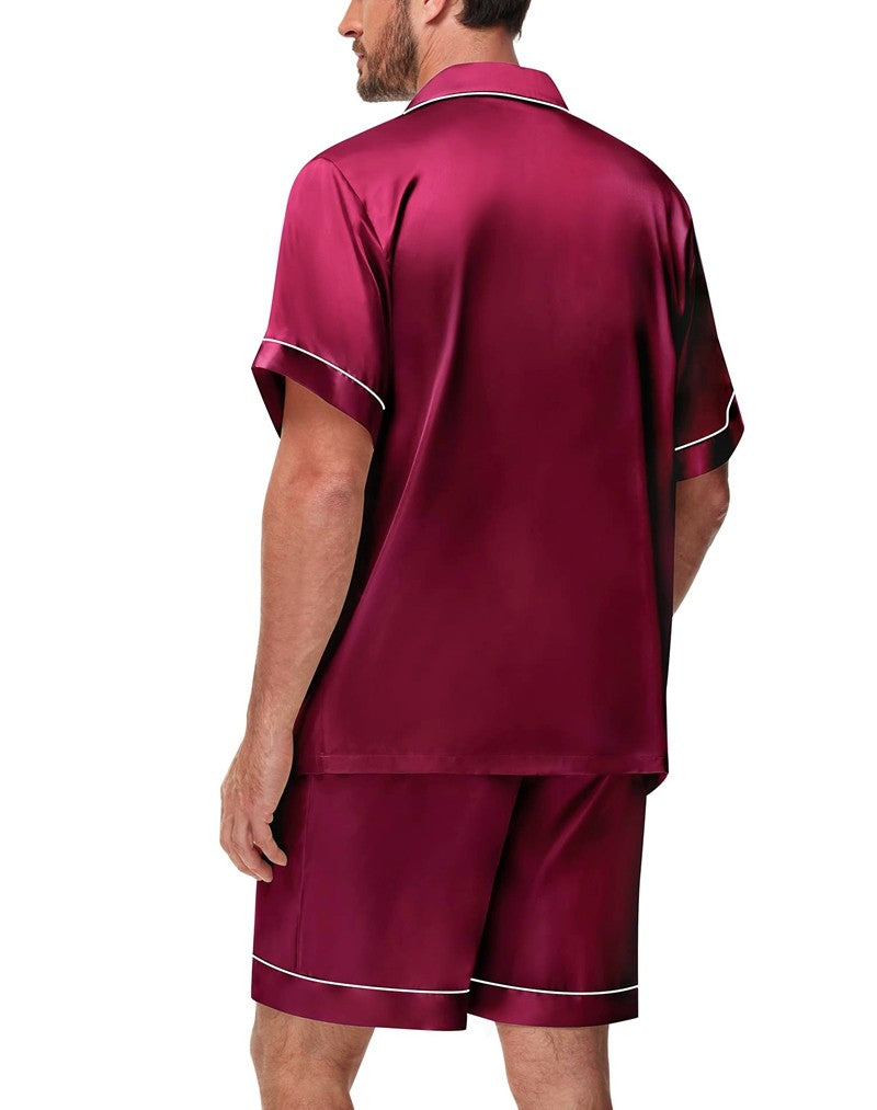 Men's Luxury Satin Pajama Set Short Sleeve Lapel Front Buttons Top And Elastic Shorts Comfortable Fit Loungewear Sleepwear Pjs