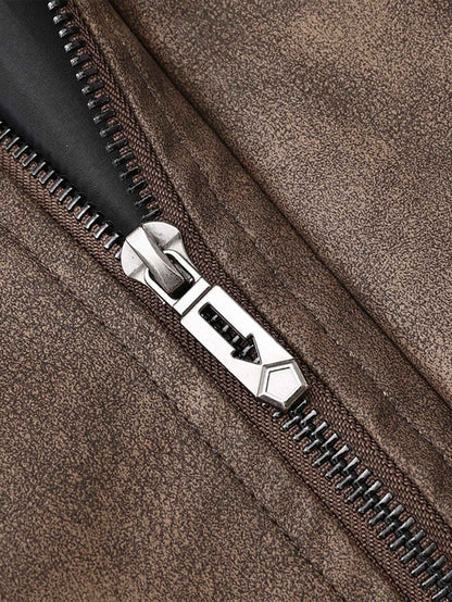 Plus Size Men's Casual Loose Fit Turndown Collar Motorcycle PU Leather Jacket, Suitable For Autumn, Zipper Front