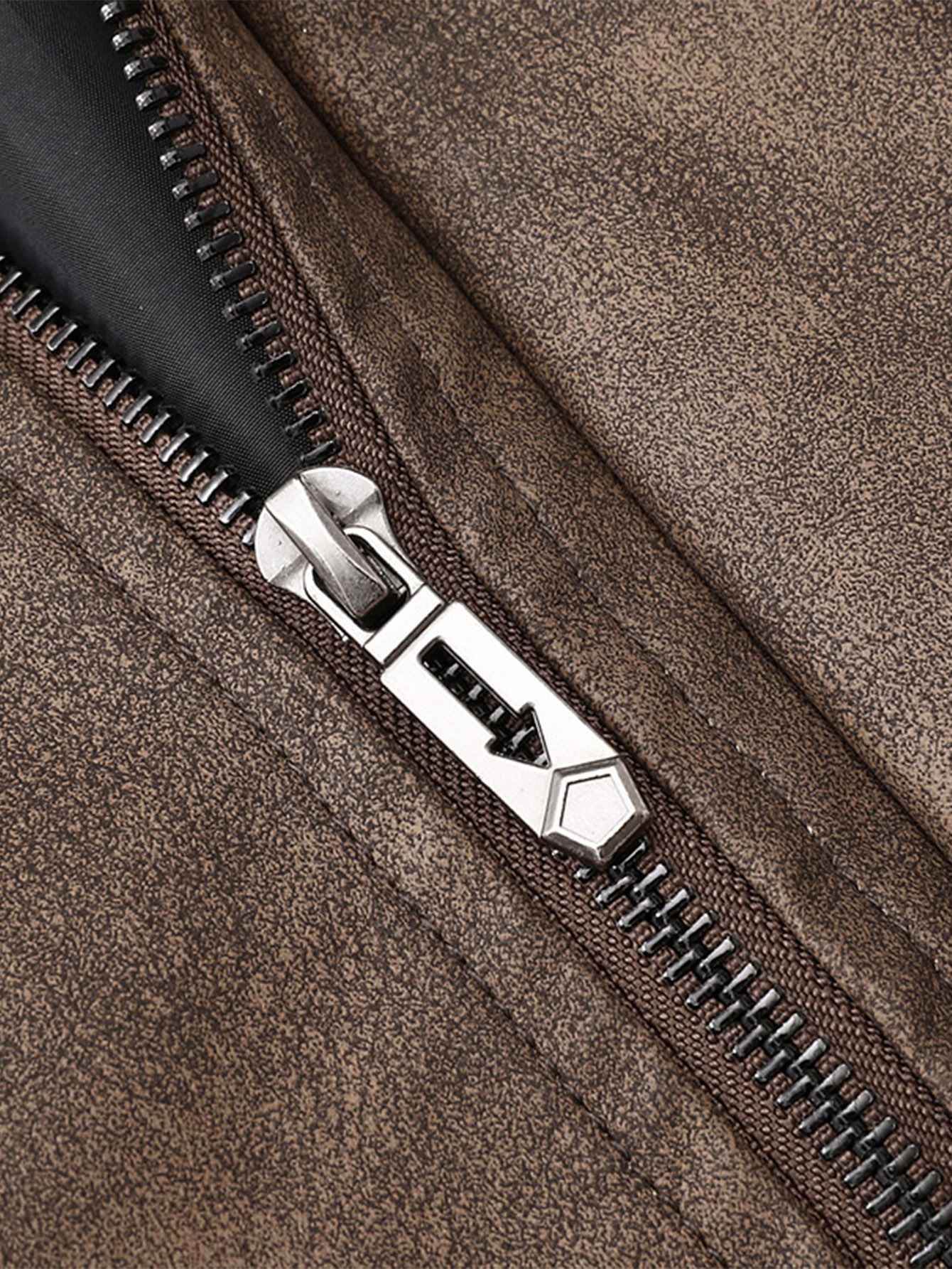 Plus Size Men's Casual Loose Fit Turndown Collar Motorcycle PU Leather Jacket, Suitable For Autumn, Zipper Front