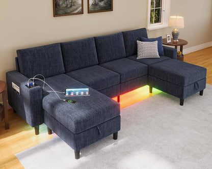 Smart Sectional Couches for Living Room, 4 Seat U/L Shaped Sectional Sofa with RGB Light/Charging, Modern Living Room Furniture