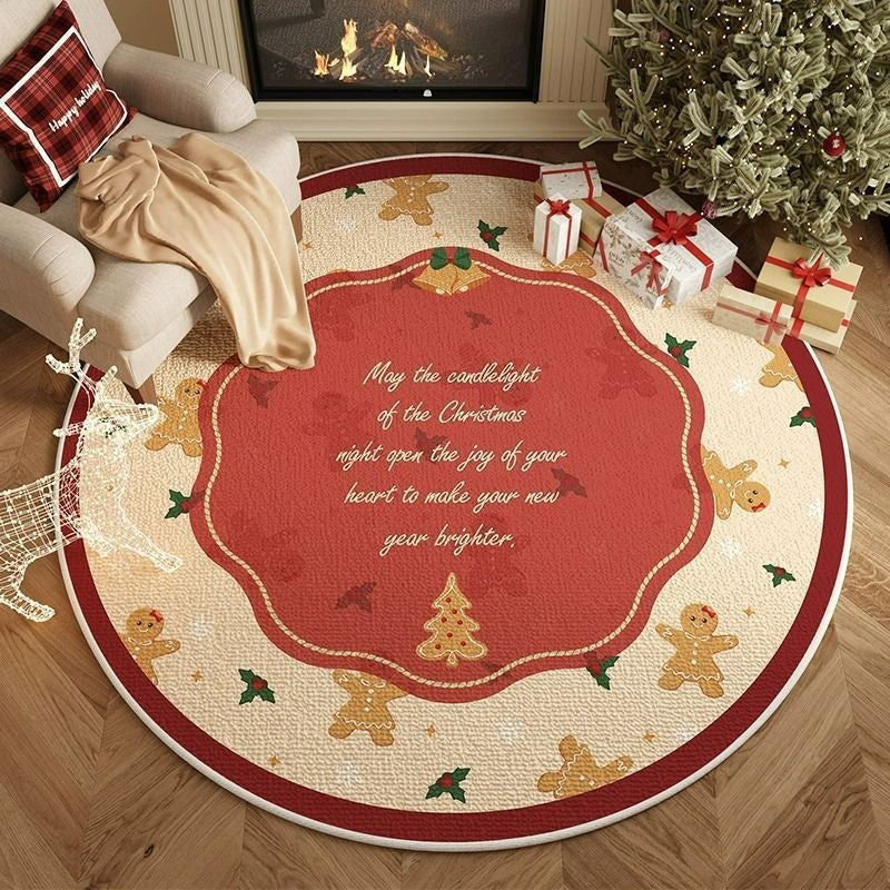 VIKAMA Christmas Winter Warm Round Rug For Living Room, Bedroom, Side Of Bed, Anti-Slip Hat Stand Pad, Holiday Home Decoration