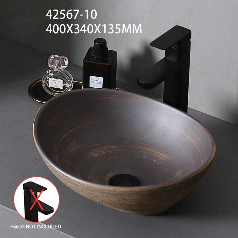 Cuba de Cerâmica Marrom para Lavatório de Banheiro Oval Artística para Mesa de Banheiro, Bacia de Lavar Roupa para Varanda, Bacia de Pedestal Acima do Balcão