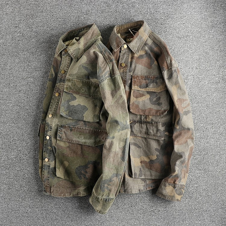 Three-dimensional pocket design all cotton bead sail woven washed old cargo shirt male army fan outdoor trend coat