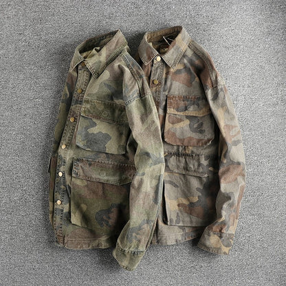 Three-dimensional pocket design all cotton bead sail woven washed old cargo shirt male army fan outdoor trend coat