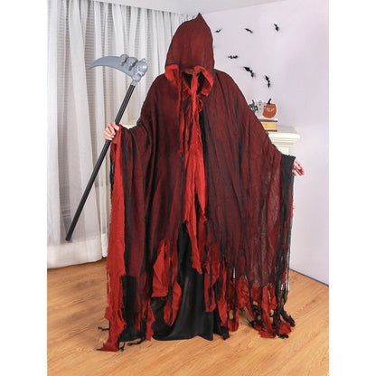 Horror Grim Reaper Cosplay Set Fringed Worn Hooded Cloak Disassemble Skull Scythe Prop For Halloween Party Dress Up