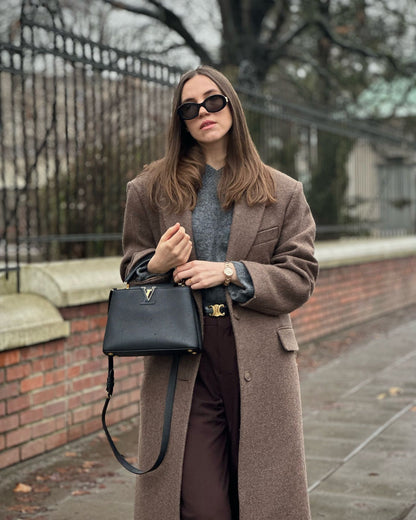 Women Elegant Shoulder Pad Wool Blend Overcoat Brown Lapel Single-breasted Long Sleeve Coat 2025 Autumn Lady Commuter Outerwear