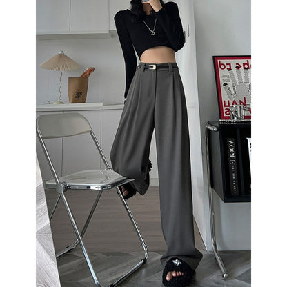 2024 Fall Winter Elegant Gray Suits Pants for Women Office Lady High Waist Wide Leg Fashion Trousers with Pockets Black Pants