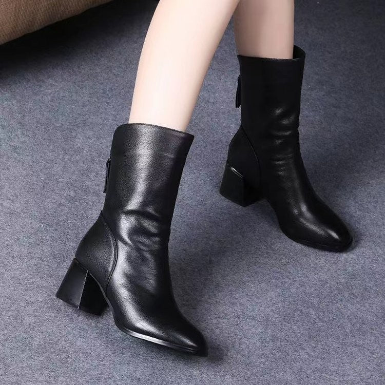 2024 New Women Versatile Leather Boots Fashion antislip high heels female Casual comfortable boot External Wear Trendy shoes