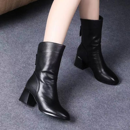 2024 New Women Versatile Leather Boots Fashion antislip high heels female Casual comfortable boot External Wear Trendy shoes