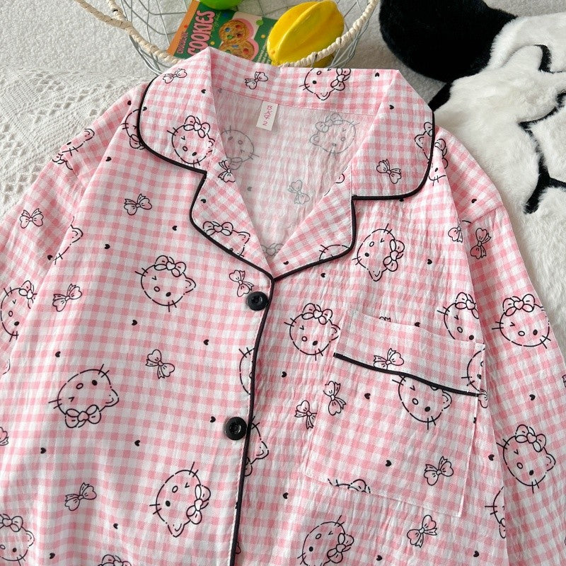 Hello Kitty Cute Kawaii Pajama Set for Women Autumn Soft Fabric Comfort Plaid Loungewear 2 Piece Long Sleeve Top Pants Sleepwear
