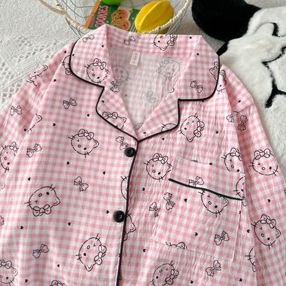 Hello Kitty Cute Kawaii Pajama Set for Women Autumn Soft Fabric Comfort Plaid Loungewear 2 Piece Long Sleeve Top Pants Sleepwear