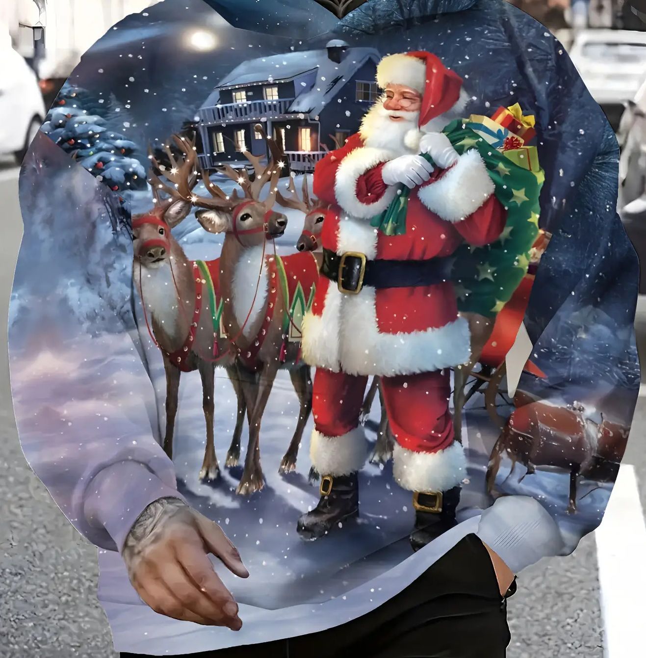 Ultimate Christmas Vibe | Men's Casual Hooded Sweatshirt for Autumn | Santa & Reindeer Design| For Party & Daily Wear