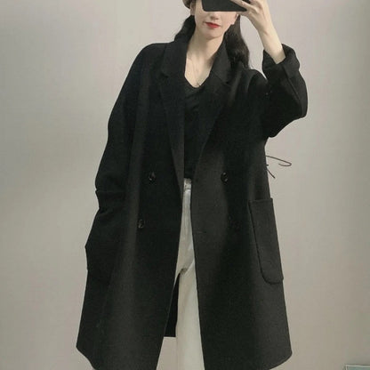 Plus Size Double-Sided Woolen Jacket Women's Midi Length Single-Breasted Loose Fit Fashionable Korean Style Suit Collar Macar...